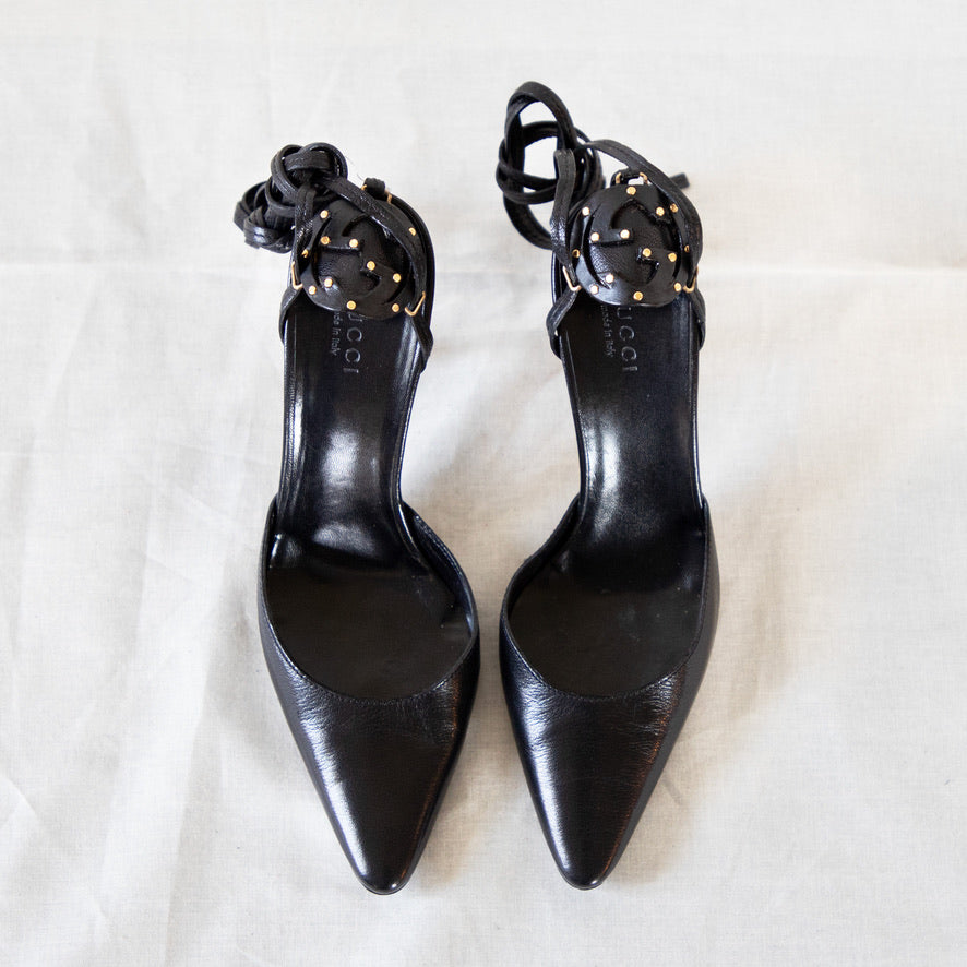 Gucci 'GG' Lace-Up Black Leather Pumps Icarus Vintage