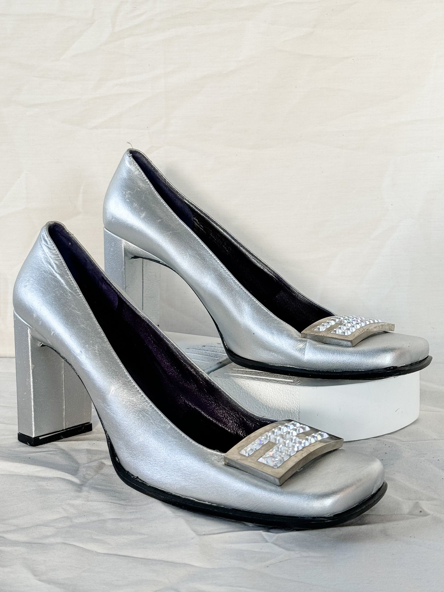 Fendi Silver 'FF' Crystal Pumps Icarus Vintage