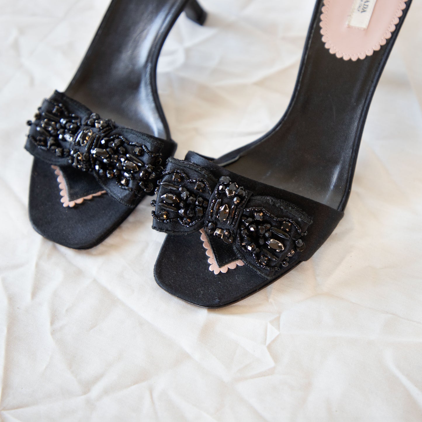 Prada 2000's Black Beaded Kitten Heels Icarus Vintage