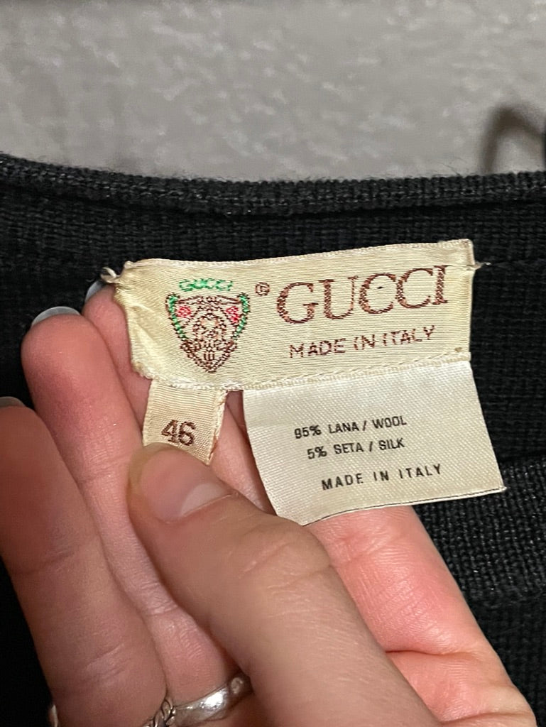 Gucci 1970’s Black Wool Sweater with Pearlescent Buttons 115.00 Icarus Vintage