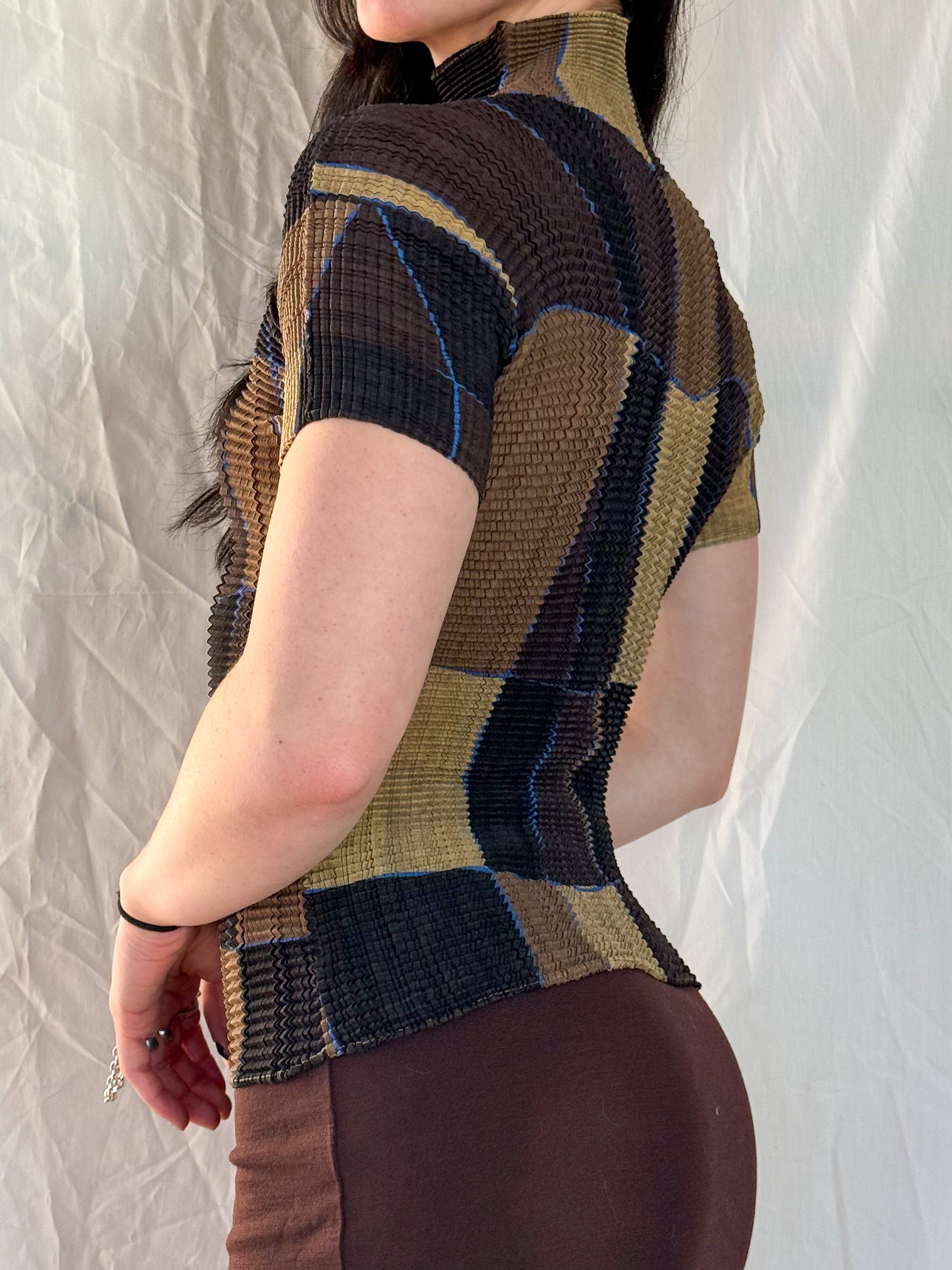 Issey Miyake Pleats Please Brown Abstract Short Sleeve Top  Icarus Vintage