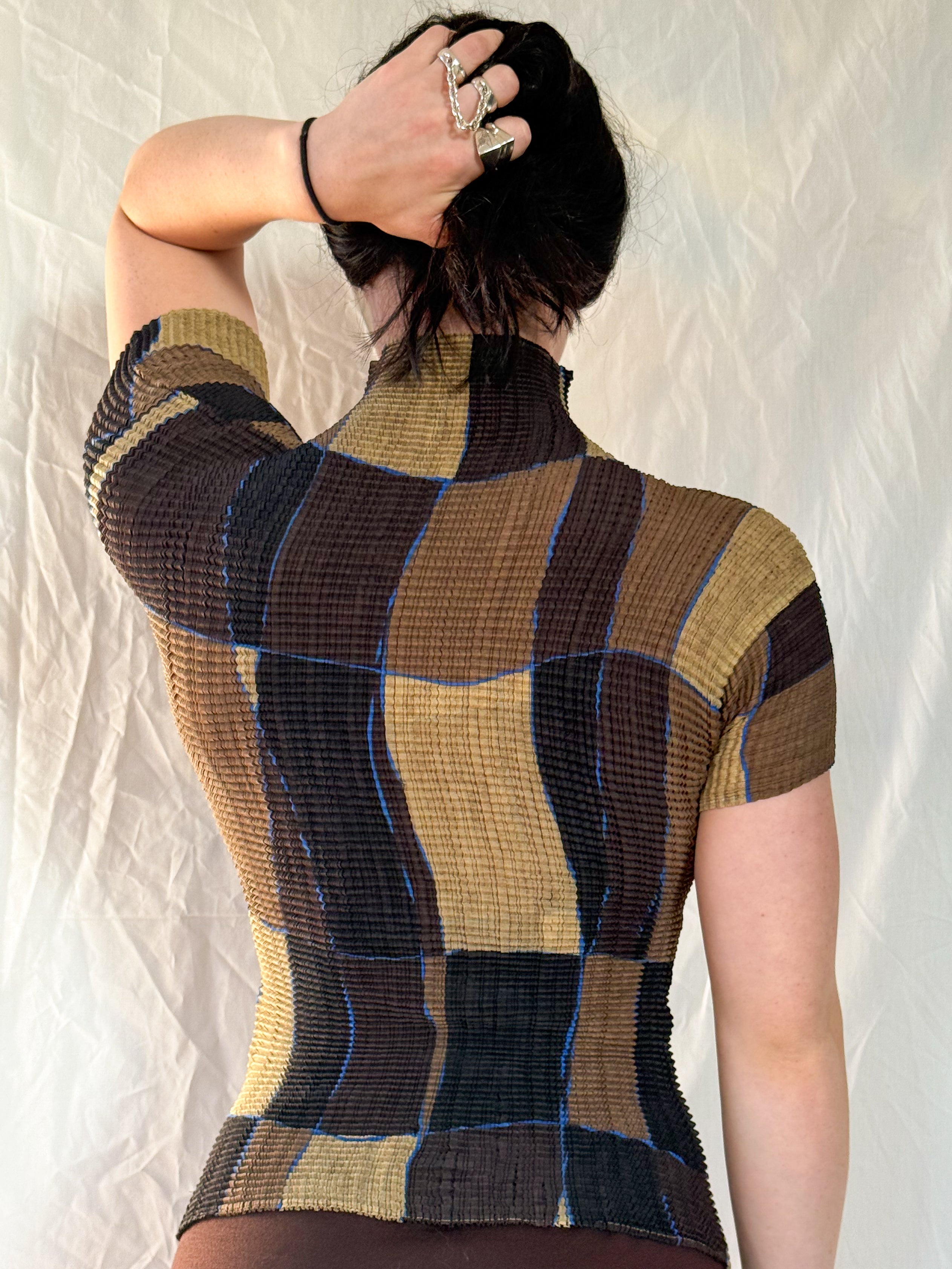 Issey Miyake Pleats Please Brown Abstract Short Sleeve Top