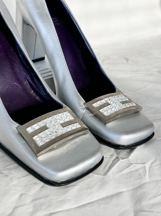Fendi Silver 'FF' Crystal Pumps  Icarus Vintage