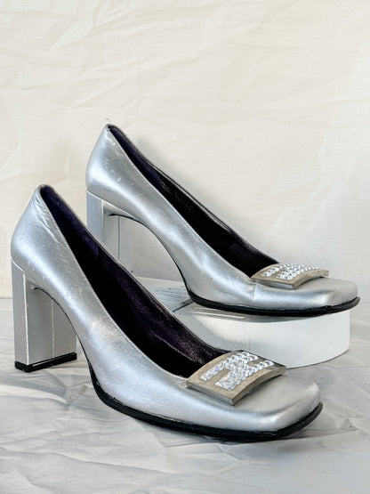 Fendi Silver 'FF' Crystal Pumps  Icarus Vintage