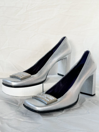 Fendi Silver 'FF' Crystal Pumps  Icarus Vintage