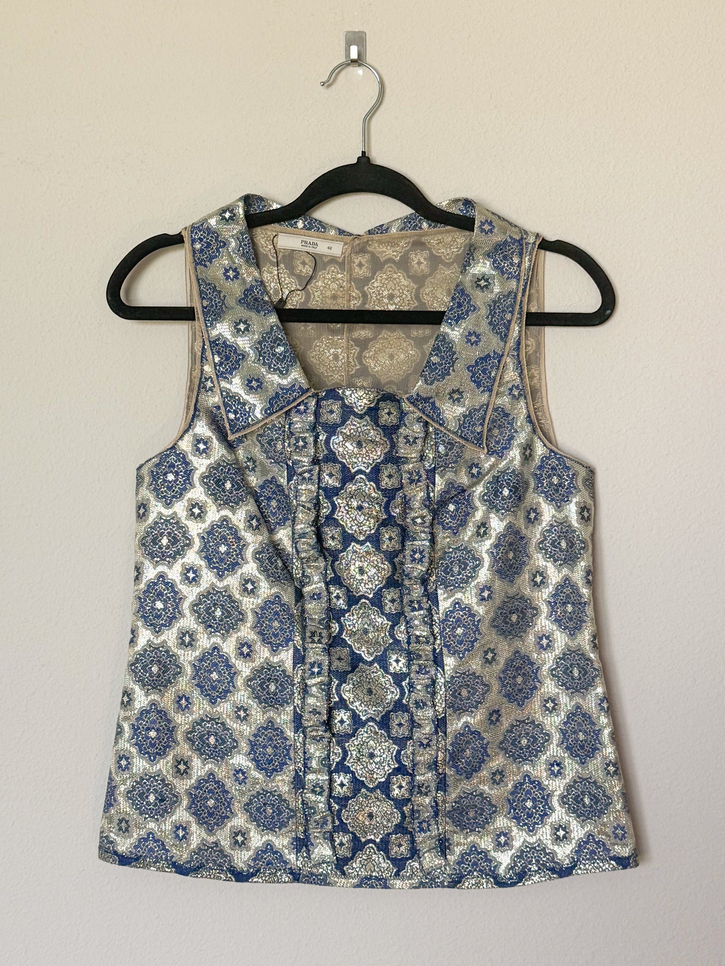 Prada Spring 2002 Navy and Gold Brocade Top  Icarus Vintage