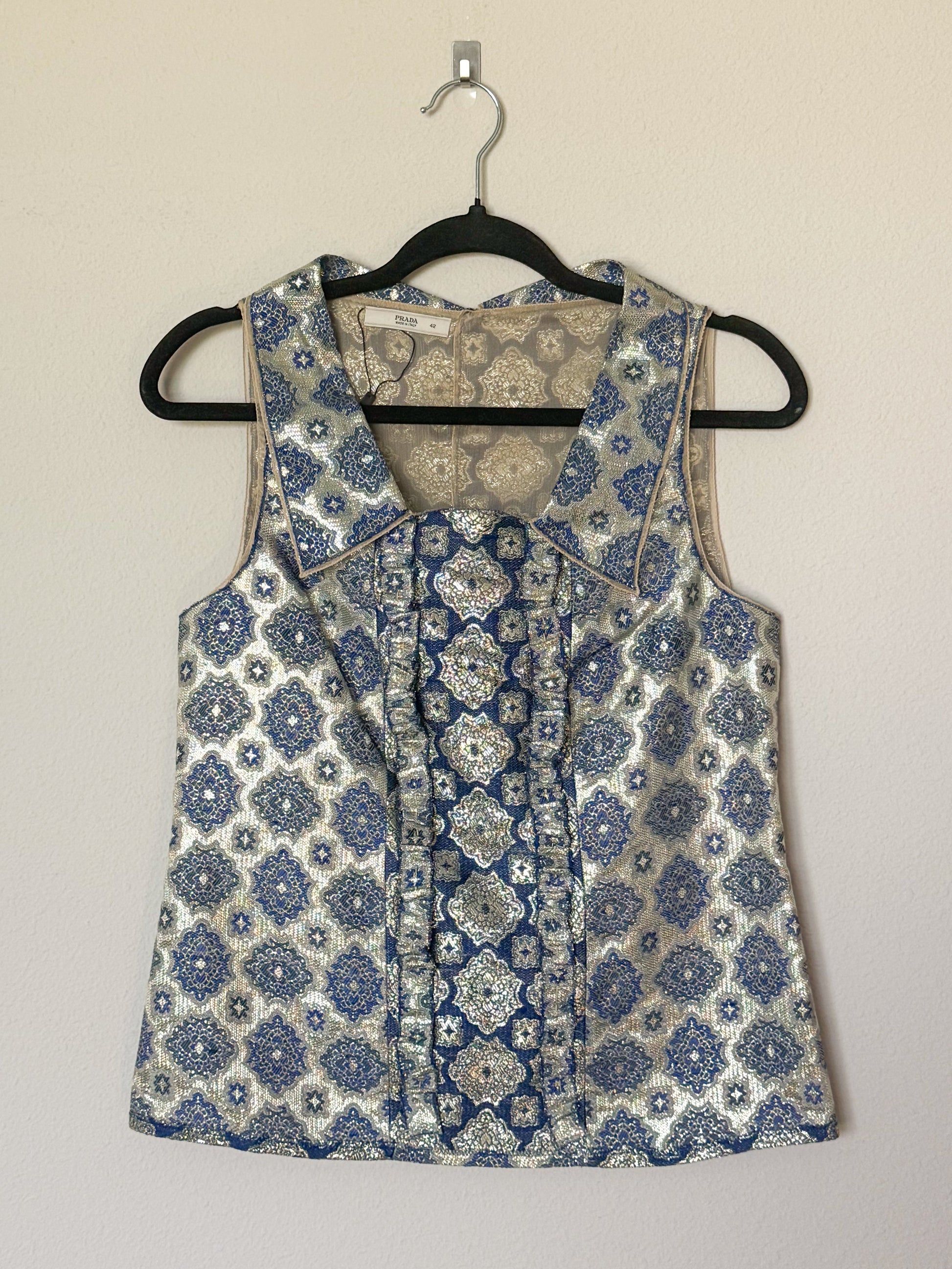Prada Spring 2002 Navy and Gold Brocade Top  Icarus Vintage