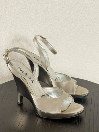 Prada Spring 1998 Silver Chrome Heeled Sandals  Icarus Vintage