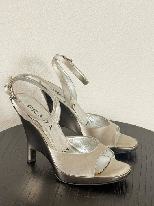 Prada Spring 1998 Silver Chrome Heeled Sandals  Icarus Vintage