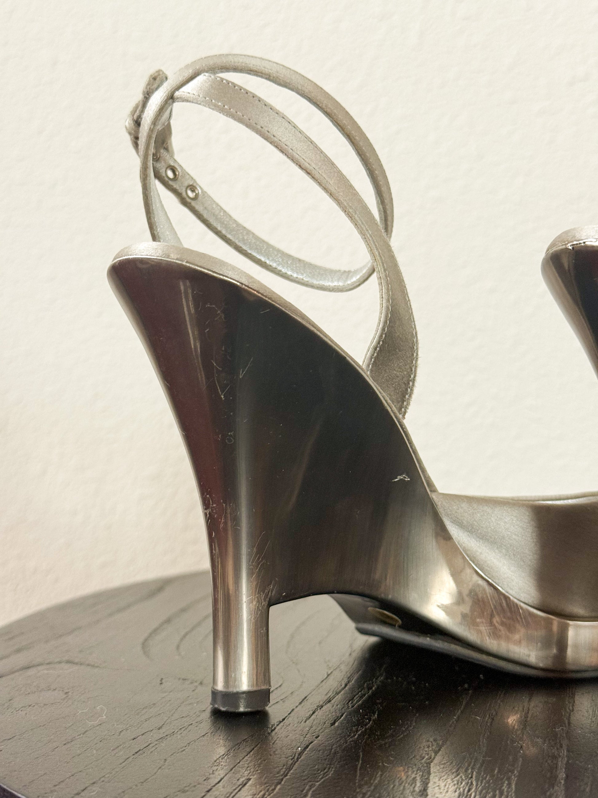 Prada Spring 1998 Silver Chrome Heeled Sandals  Icarus Vintage