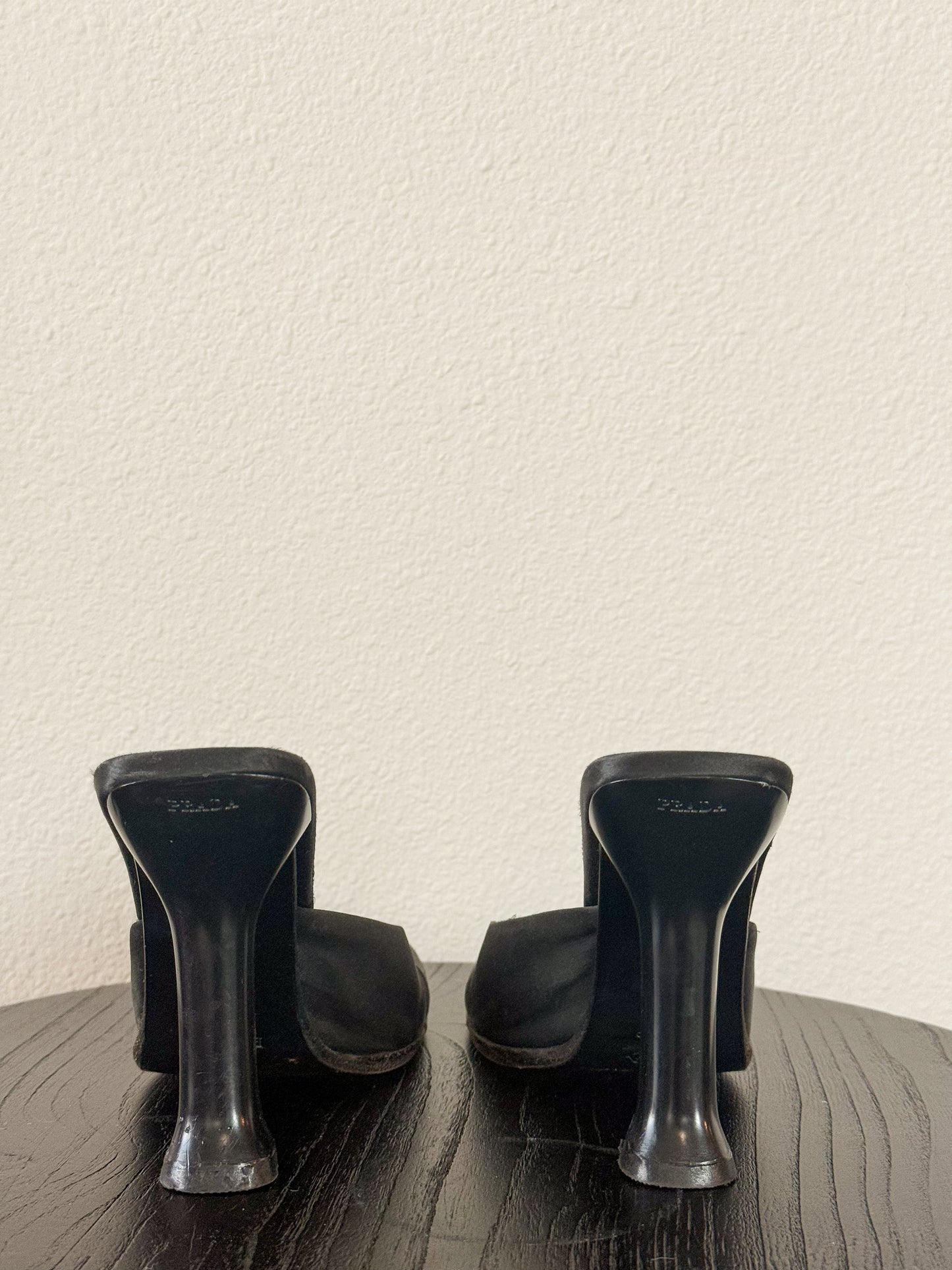 Prada Fall 1999 Black Satin Mules  Icarus Vintage