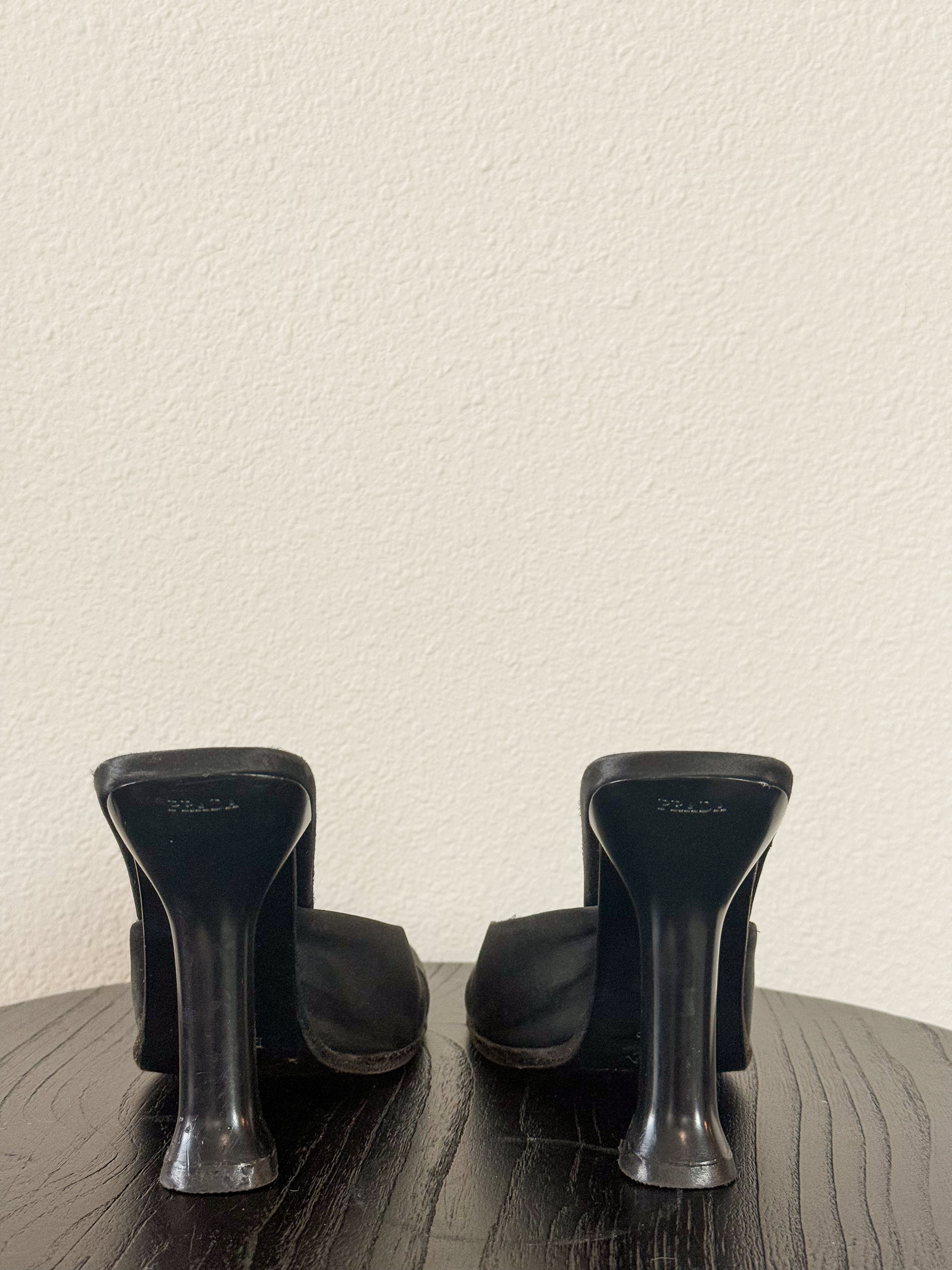 Prada Fall 1999 Black Satin Mules  Icarus Vintage