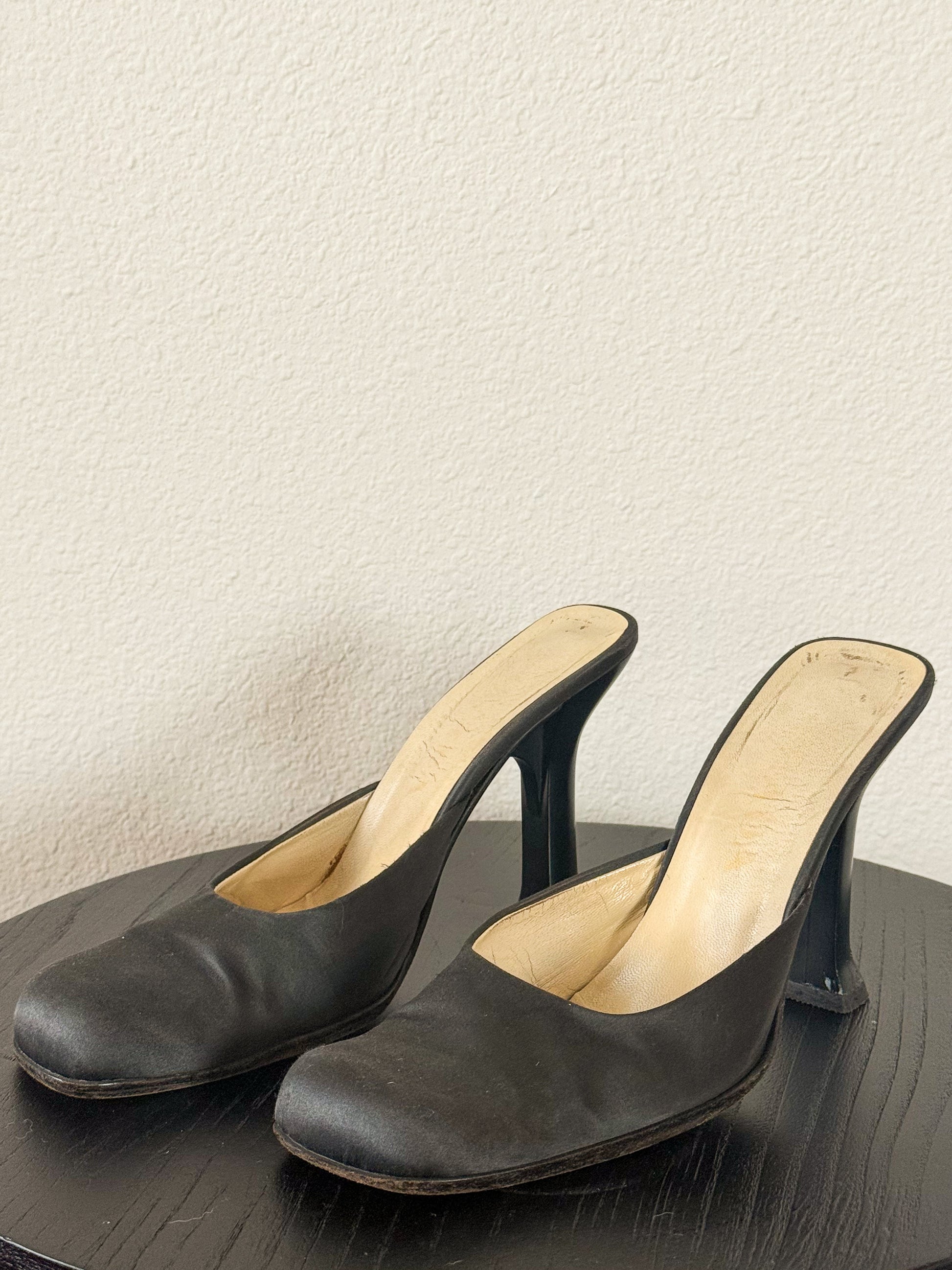 Prada Fall 1999 Black Satin Mules  Icarus Vintage