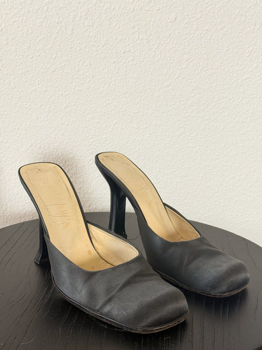 Prada Fall 1999 Black Satin Mules  Icarus Vintage