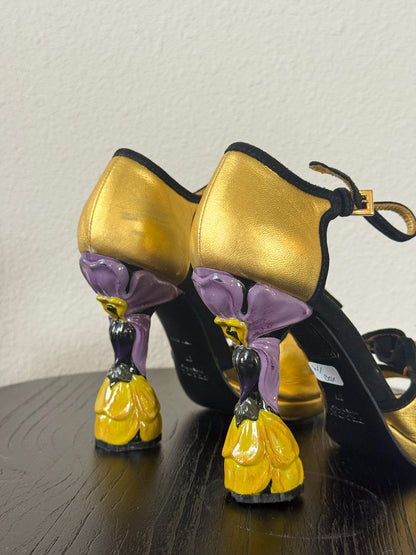 Prada Spring 2008 Gold and Black Orchid Fairy Heels  Icarus Vintage