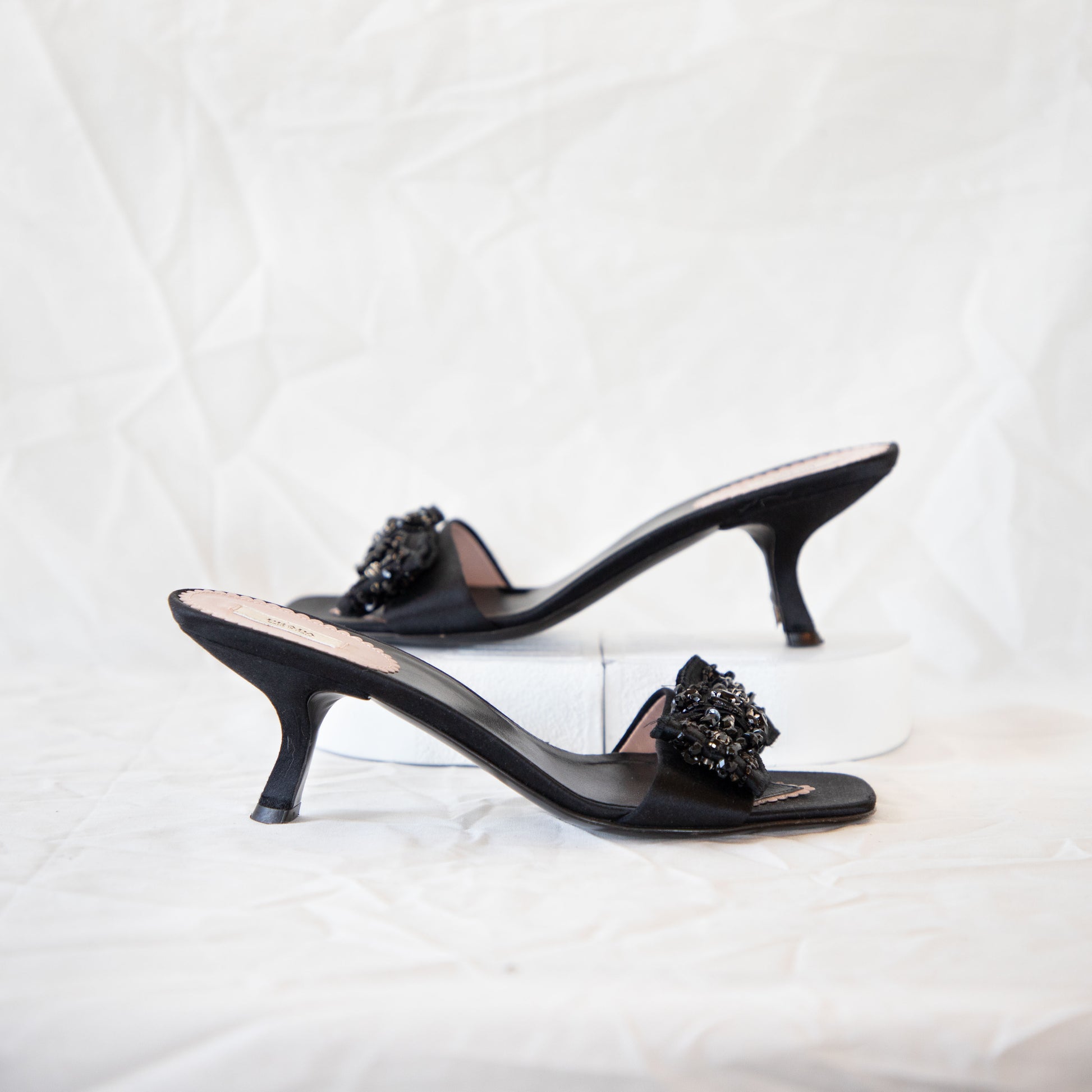 Prada 2000's Black Beaded Kitten Heels  Icarus Vintage