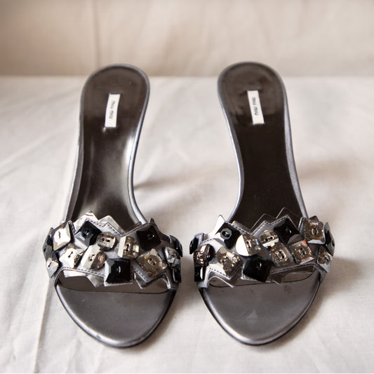 Y2K Miu Miu Silver Jeweled Heels  Icarus Vintage